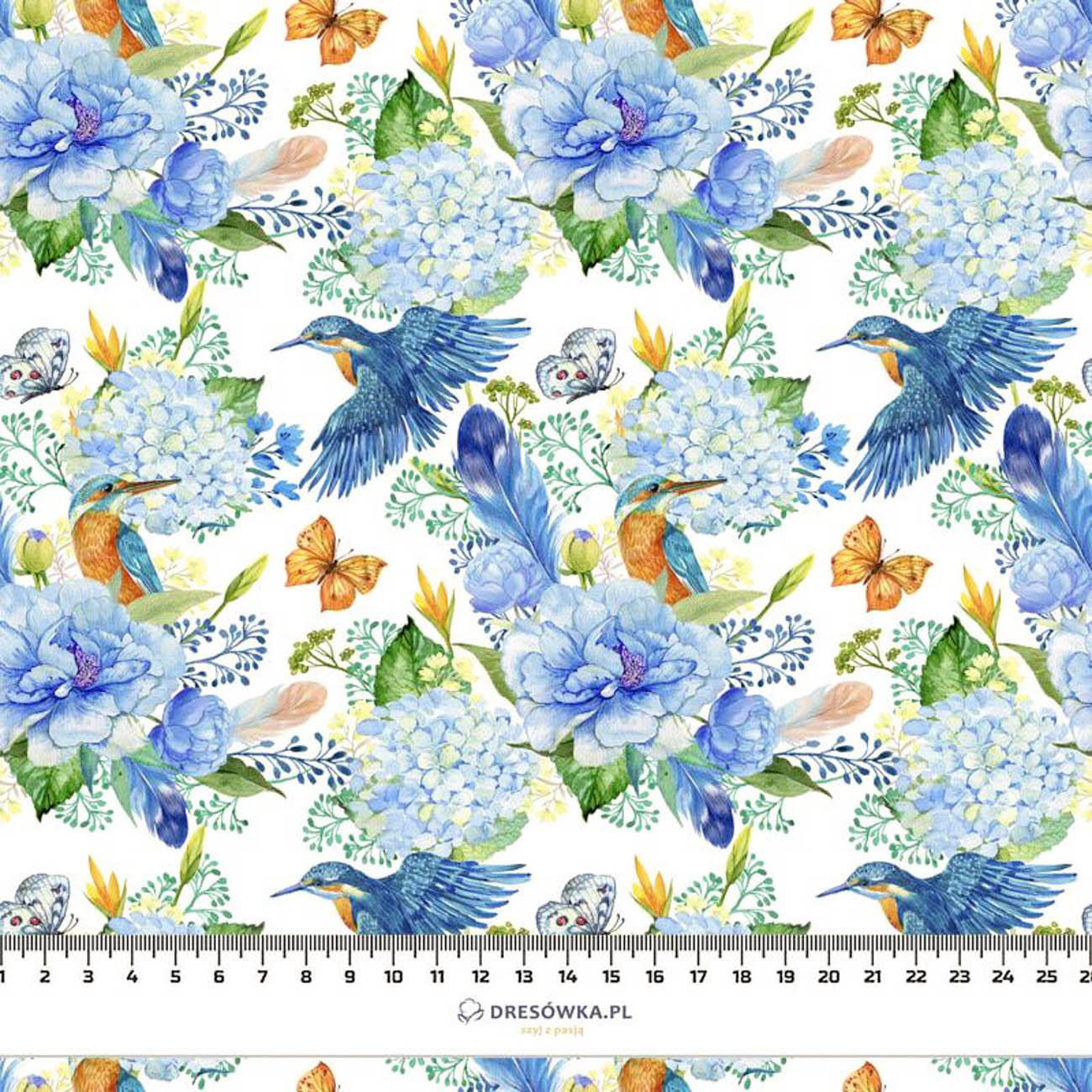 MINI KINGFISHERS AND LILACS (KINGFISHERS IN THE MEADOW) / white - Linen 100%