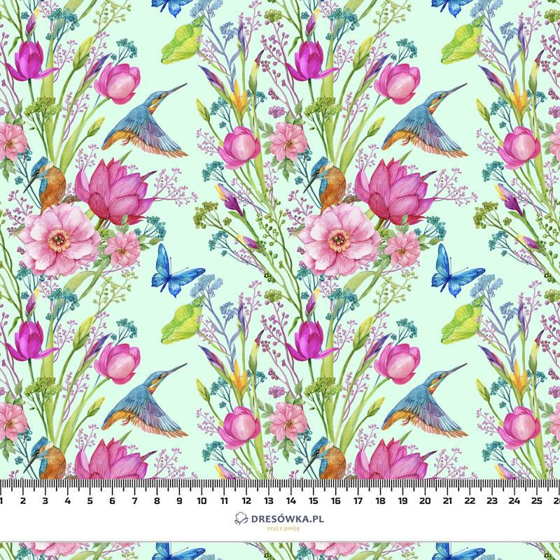 MINI KINGFISHERS AND BUTTERFLIES (KINGFISHERS IN THE MEADOW) / mint - Cotton woven fabric