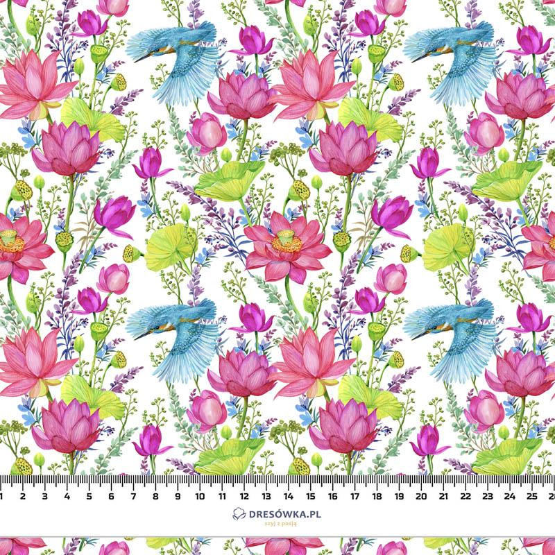 MINI KINGFISHERS AND POPPIES (KINGFISHERS IN THE MEADOW) / white - Cotton woven fabric