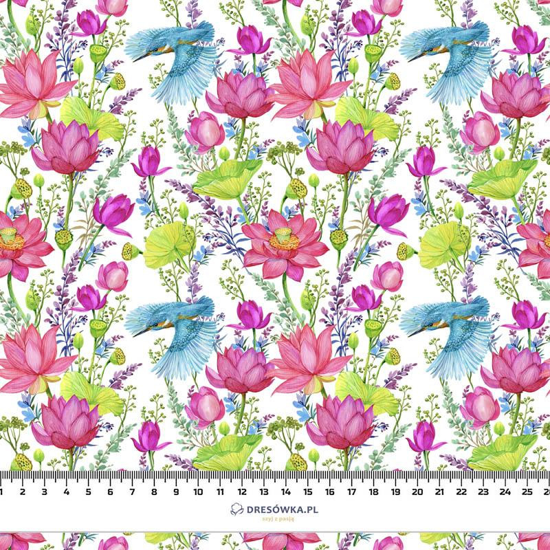 MINI KINGFISHERS AND POPPIES (KINGFISHERS IN THE MEADOW) / white - Waterproof woven fabric