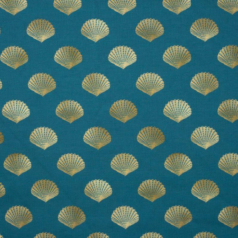 GOLDEN SHELLS (GOLDEN OCEAN) / sea blue - looped knit fabric