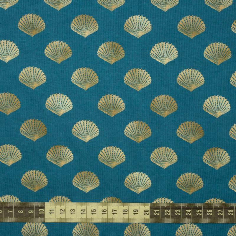 GOLDEN SHELLS (GOLDEN OCEAN) / sea blue - looped knit fabric