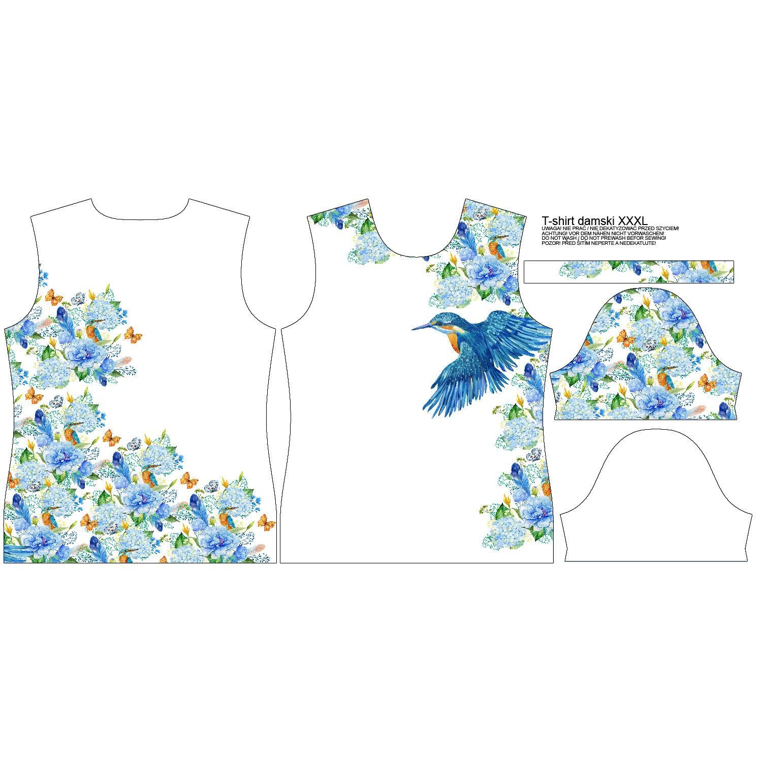 WOMEN’S T-SHIRT - KINGFISHERS AND LILACS (KINGFISHERS IN THE MEADOW) / white - single jersey