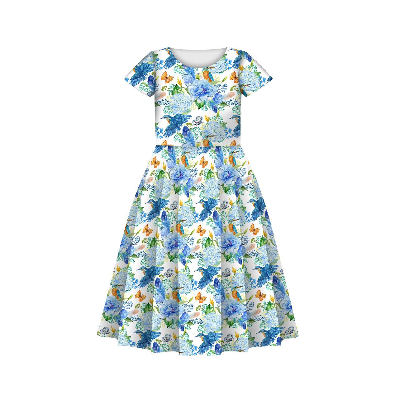 KID'S DRESS "MIA" - KINGFISHERS AND LILACS (KINGFISHERS IN THE MEADOW) / white - sewing set