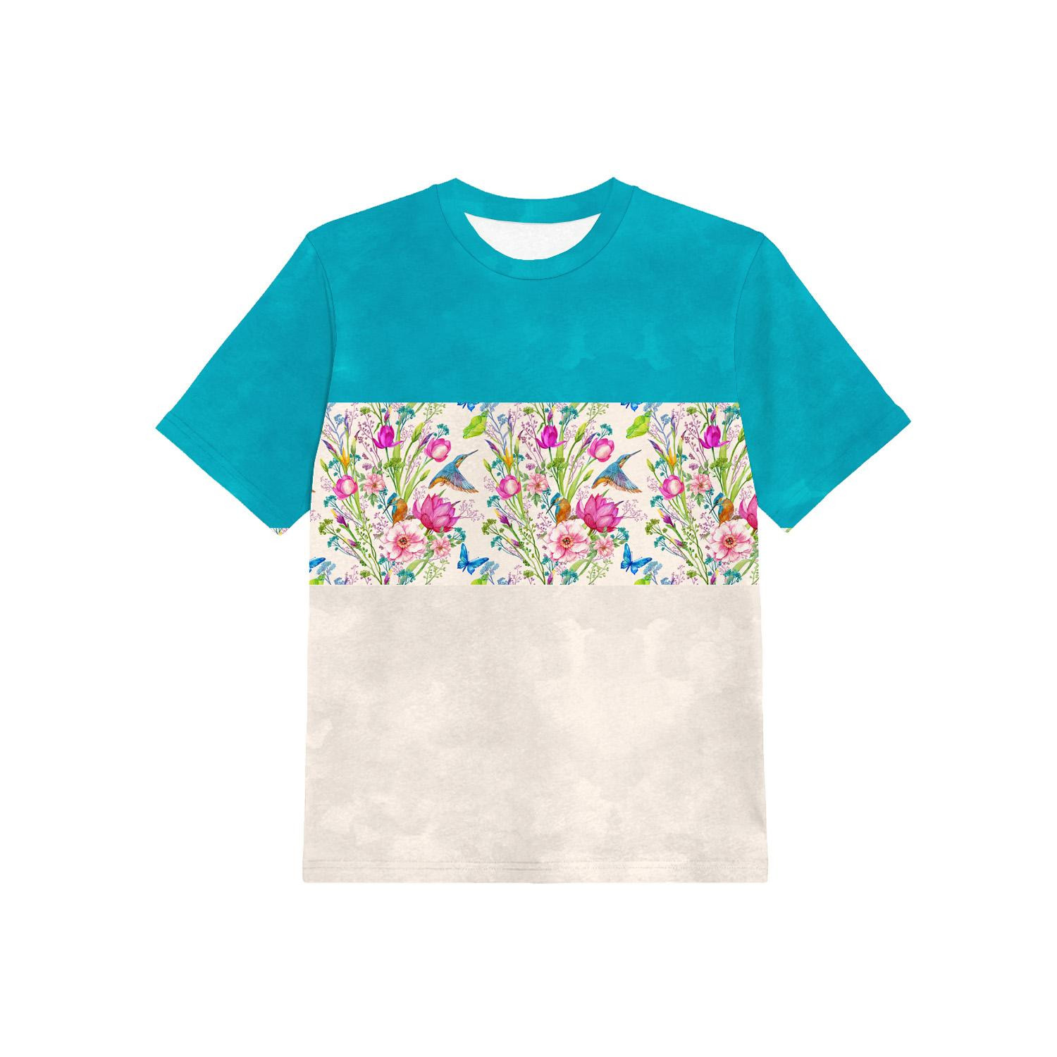 KID’S T-SHIRT - KINGFISHERS (KINGFISHERS IN THE MEADOW) / STRIPES - single jersey