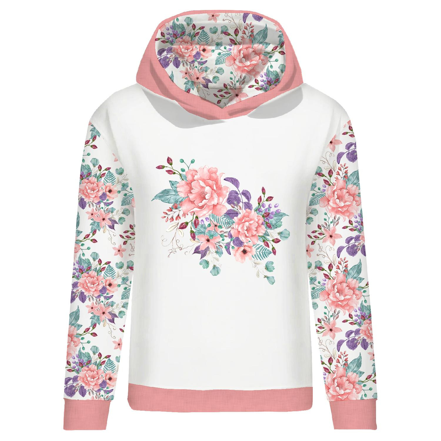 CLASSIC WOMEN’S HOODIE (POLA) - WILD ROSE FLOWERS PAT. 1 (BLOOMING MEADOW) - looped knit fabric