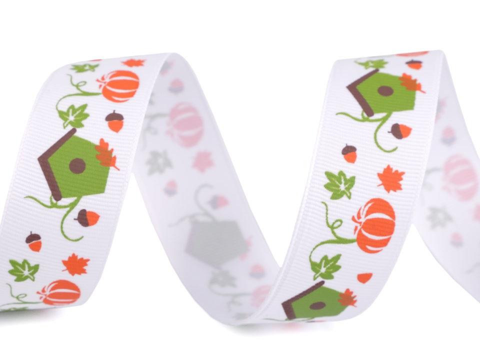 Grosgrain ribbon 25 mm pumpkin and house - white