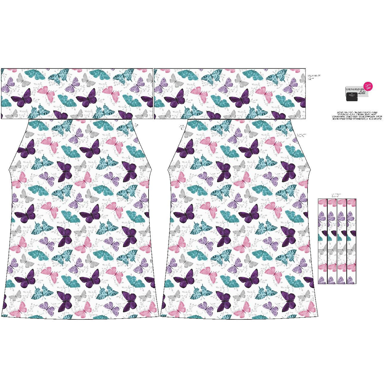 Bardot neckline dress (LILI) - BUTTERFLIES PAT. 5 / white  (PURPLE BUTTERFLIES) - sewing set