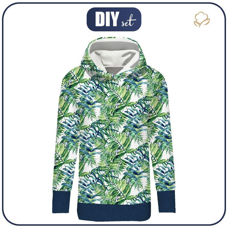 LONG WOMEN’S HOODIE (MEGI) - MINI LEAVES AND INSECTS PAT. 6 (TROPICAL NATURE) / white - looped knit fabric  