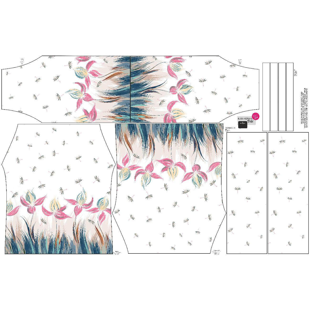 Bardot neckline blouse (VIKI) - FLOWERS (pattern no. 4) / white - sewing set