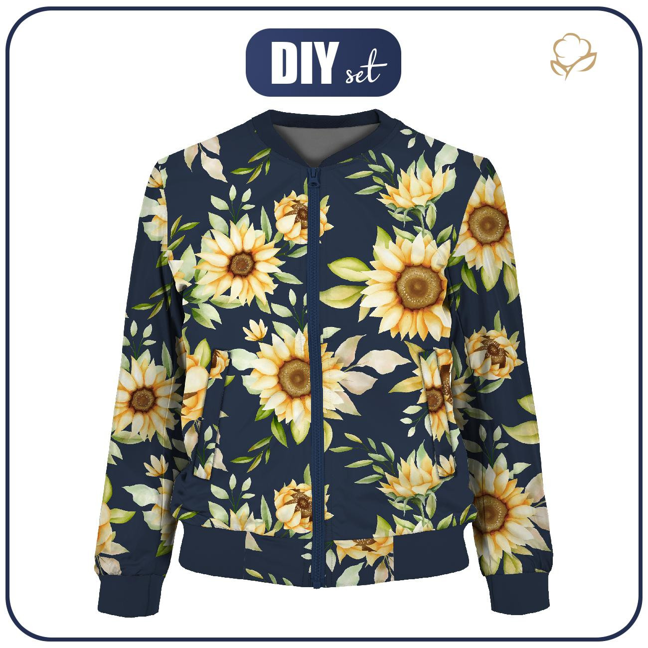 WOMEN’S BOMBER JACKET (KAMA) - SUNFLOWERS PAT. 5 / dark blue - sewing set