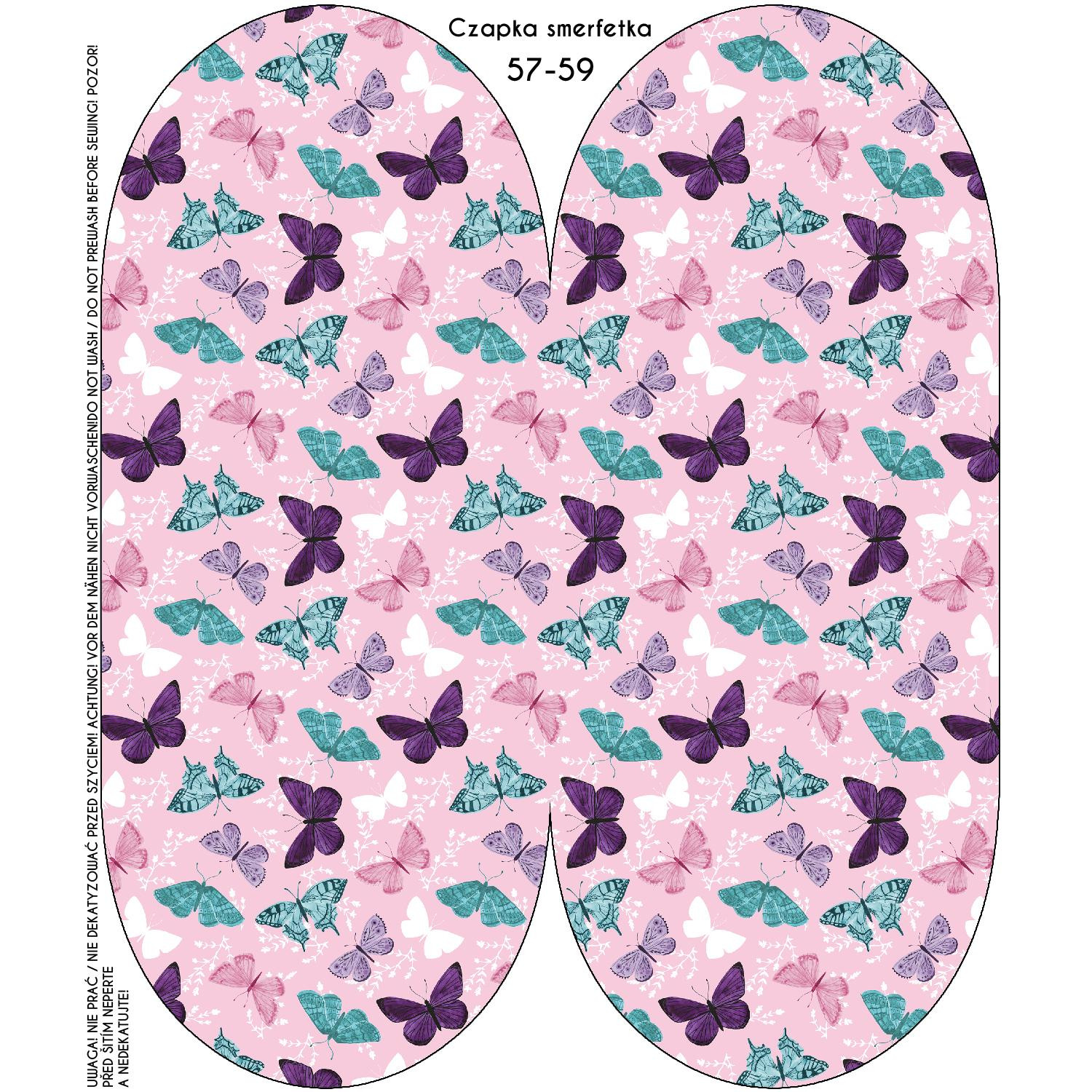 "Beanie" cap - BUTTERFLIES PAT. 5 / pink (PURPLE BUTTERFLIES) / Choice of sizes