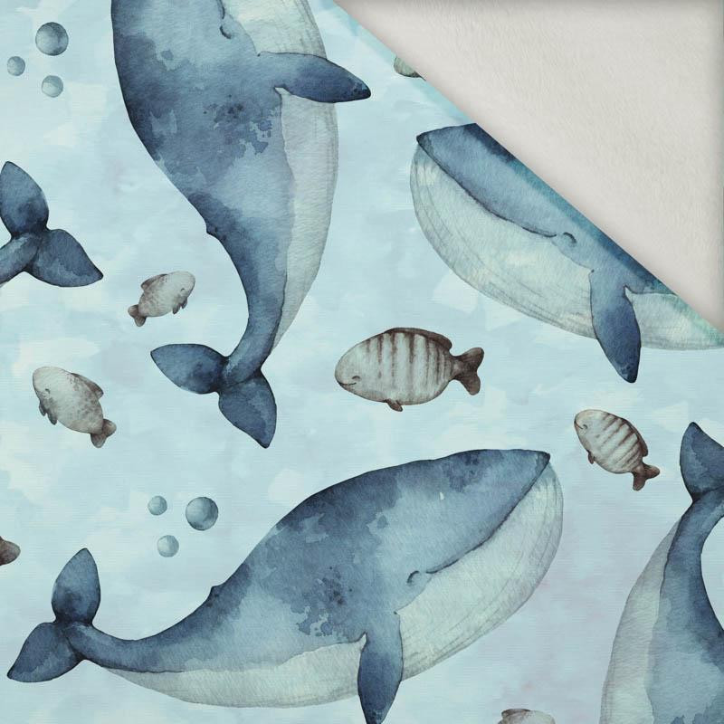 BLUE WHALES (THE WORLD OF THE OCEAN) / CAMOUFLAGE pat. 2 (light blue) - brushed knit fabric with teddy / alpine fleece