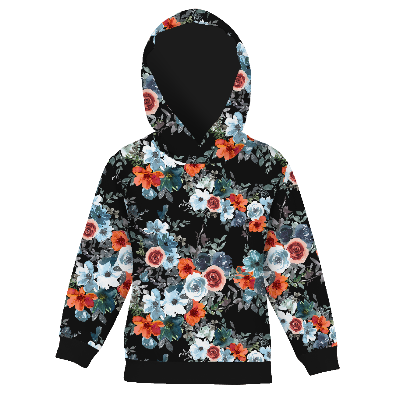 KID'S HOODIE (ALEX) - WATER-COLOR FLOWERS pat. 2 / black - sewing set