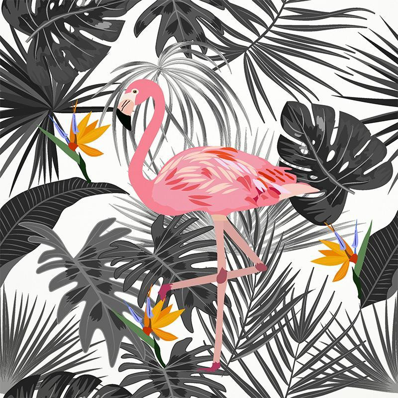 FLAMINGOS WITH LEAVES  - Linen with viscose