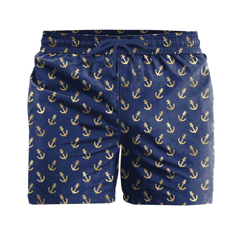 Men's swim trunks - MINI GOLD ANCHORS (GOLDEN OCEAN) / dark blue - sewing set
