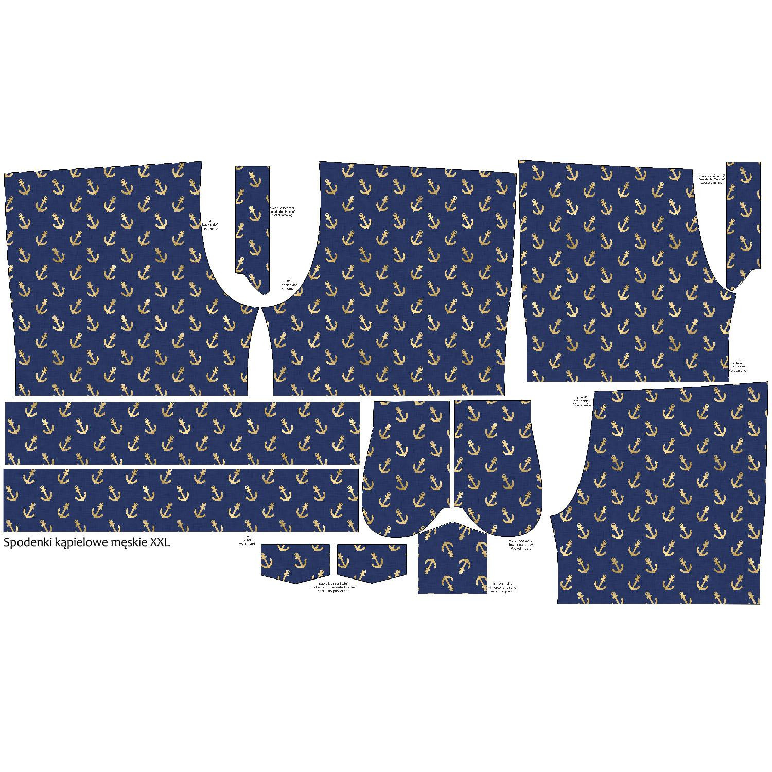 Men's swim trunks - MINI GOLD ANCHORS (GOLDEN OCEAN) / dark blue - sewing set