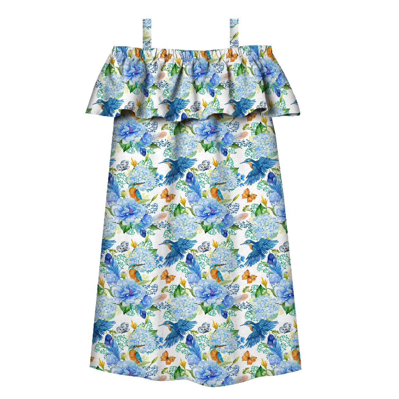 Bardot neckline dress (LILI) - KINGFISHERS AND LILACS (KINGFISHERS IN THE MEADOW) / white - sewing set