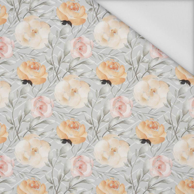 FLOWERS AND LEAVES pat. 7 / grey - Waterproof woven fabric
