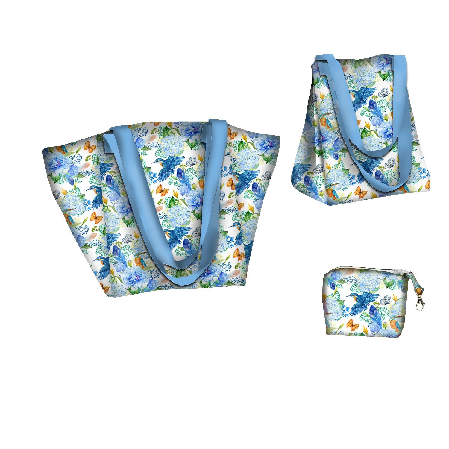 XL bag with in-bag pouch 2 in 1 - KINGFISHERS AND LILACS (KINGFISHERS IN THE MEADOW) / white - sewing set