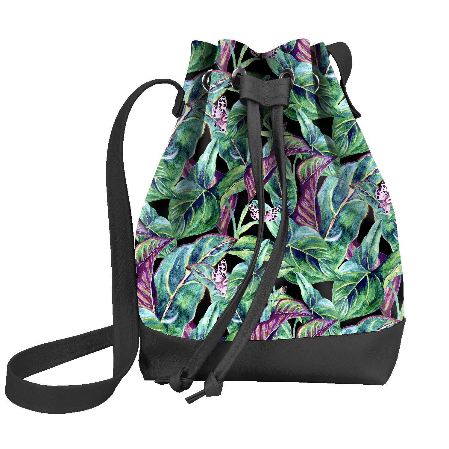 BUCKET BAG - MINI LEAVES AND INSECTS PAT. 1 (TROPICAL NATURE) / black