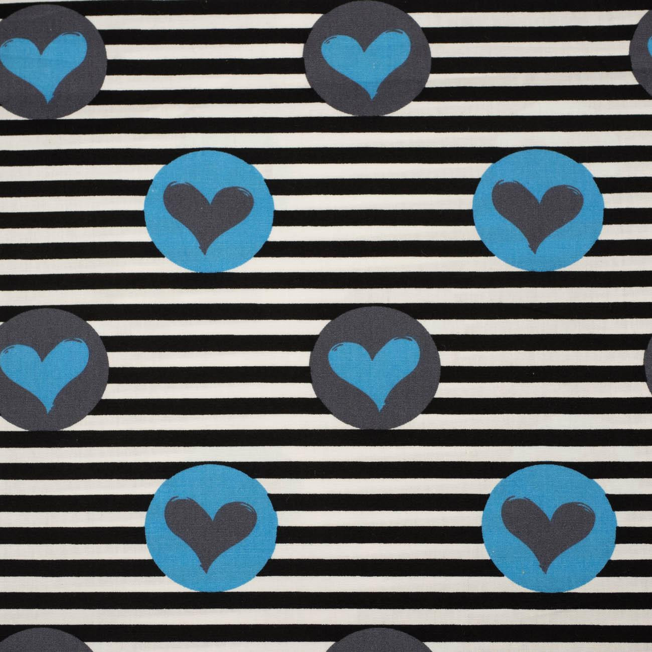 TURQUOISE HEARTS / stripes -  Cotton woven fabric