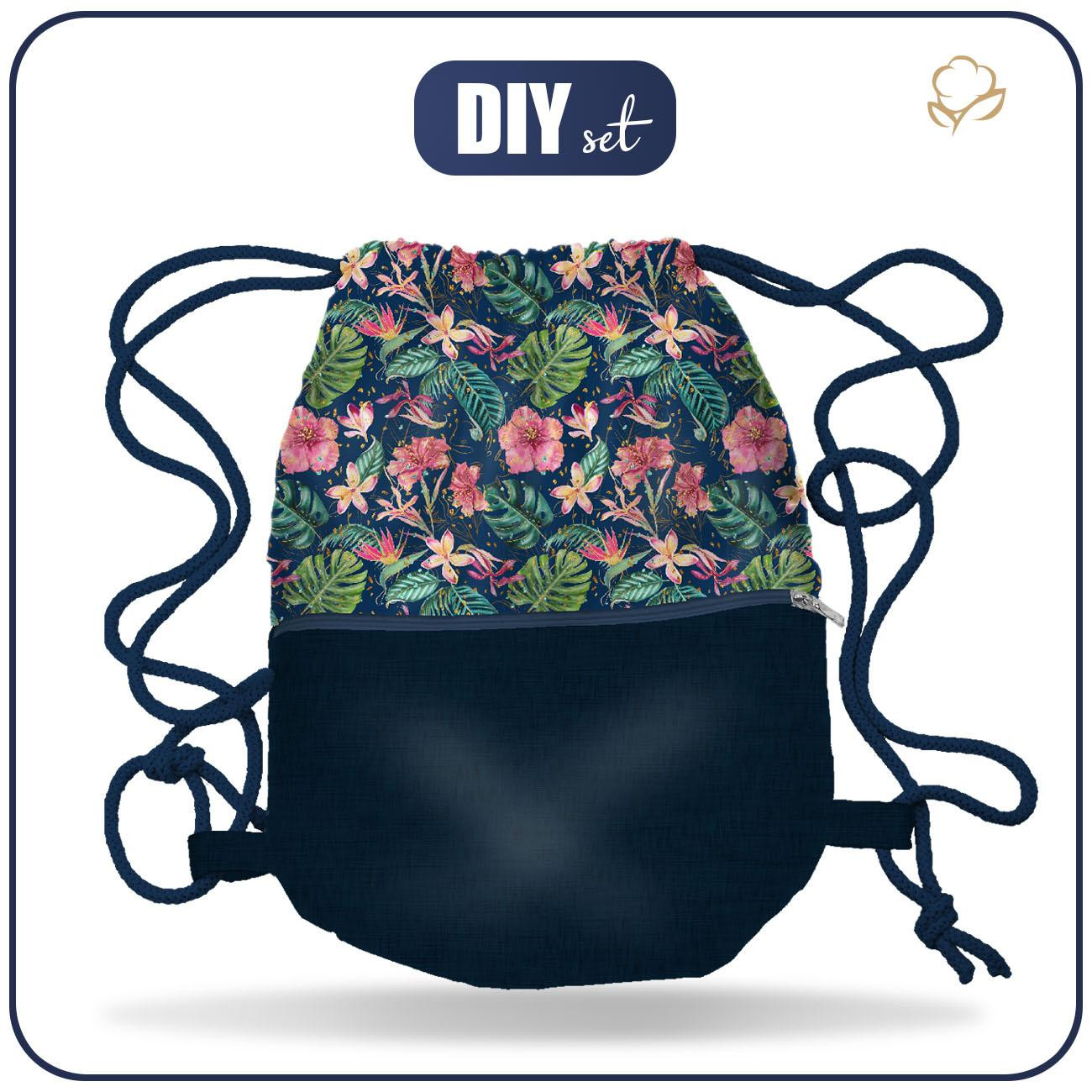 GYM BAG WITH POCKET - TROPICAL JUNGLE / dark blue - sewing set