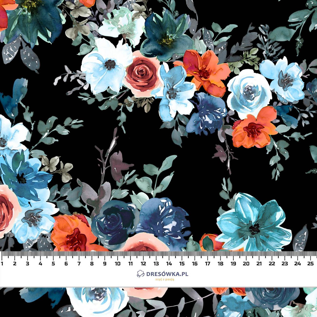 WATER-COLOR FLOWERS pat. 2 / black - looped knit fabric with elastane ITY