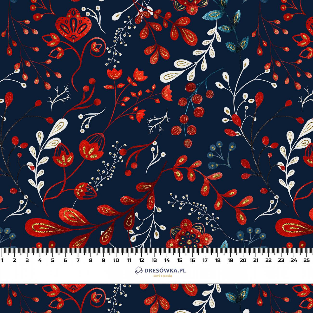FOLK FLORAL pat. 1 / red (FOLK FOREST) - looped knit fabric with elastane ITY