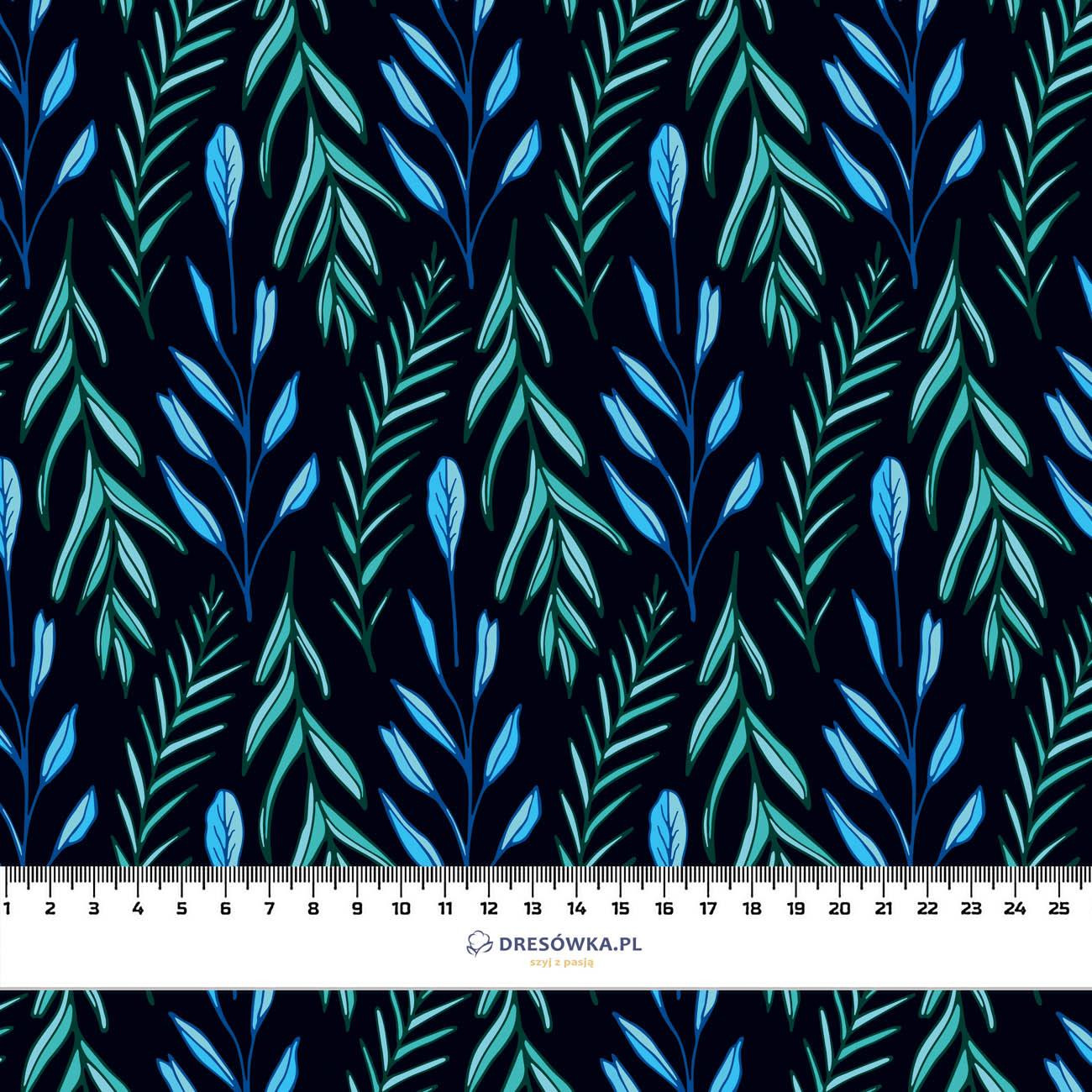 50cm BLUE LEAVES pat. 3 / black - looped knit fabric with elastane ITY