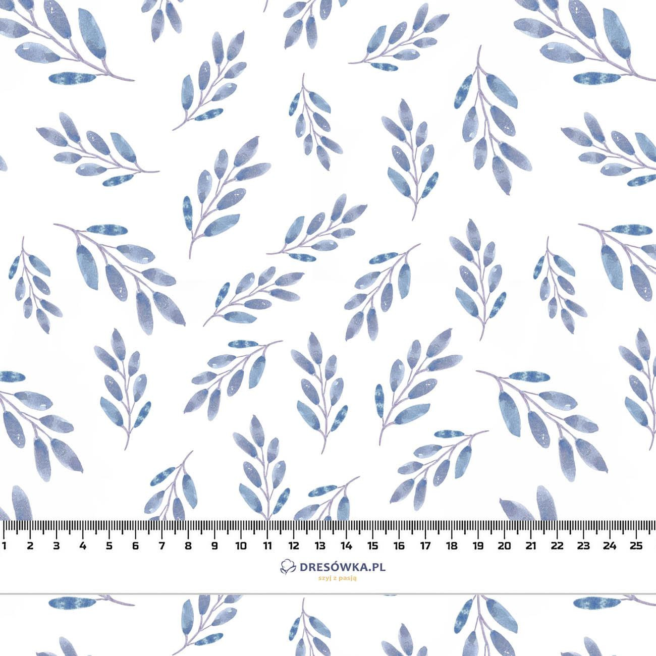 71cm BLUE LEAVES pat. 2 / white - looped knit fabric