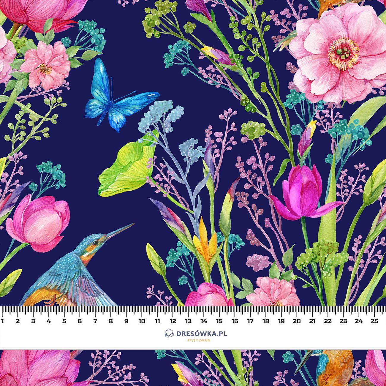 KINGFISHERS AND BUTTERFLIES (KINGFISHERS IN THE MEADOW) / dark blue - Quick-drying woven fabric