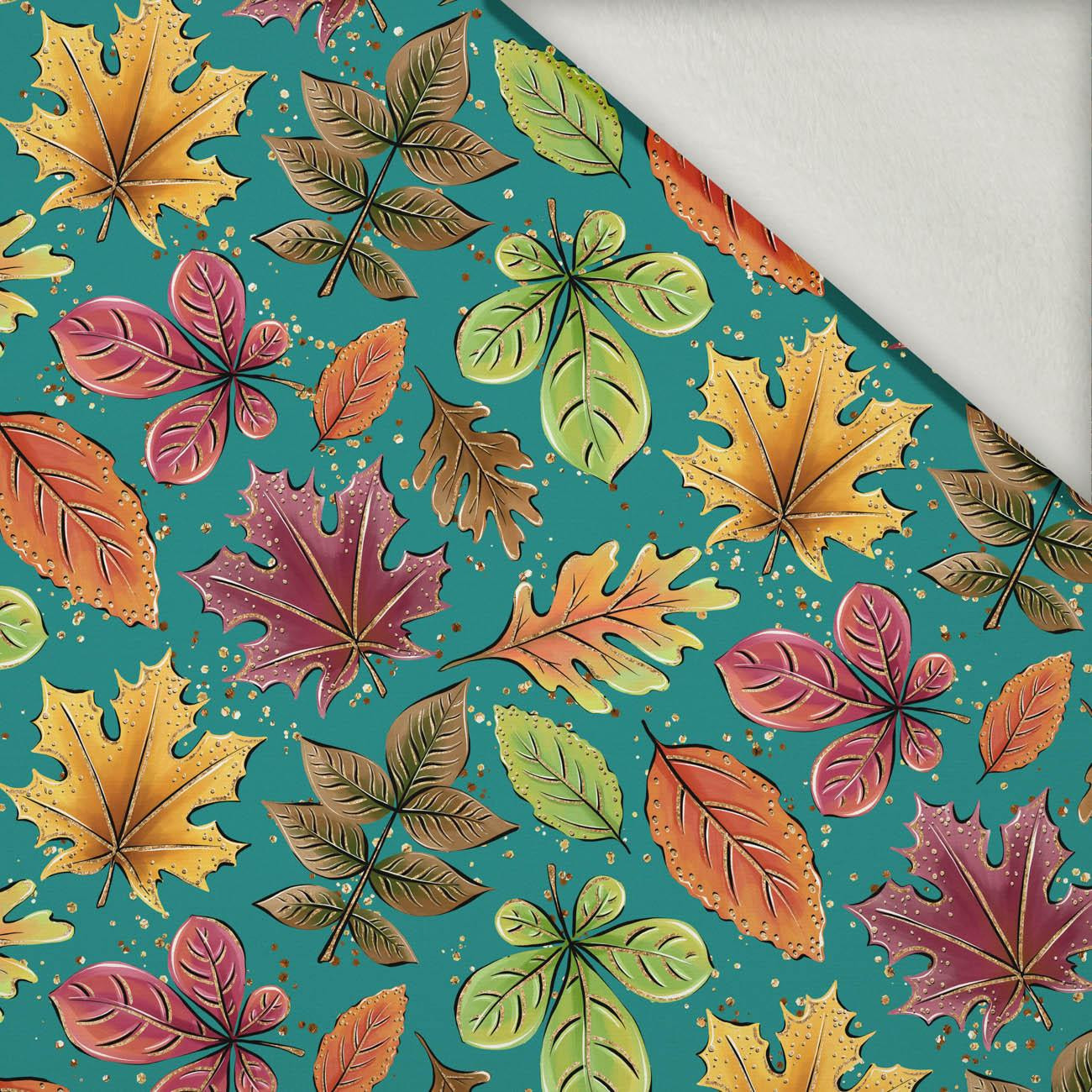COLORFUL LEAVES MIX / emerald (GLITTER AUTUMN) - brushed knit fabric with teddy / alpine fleece