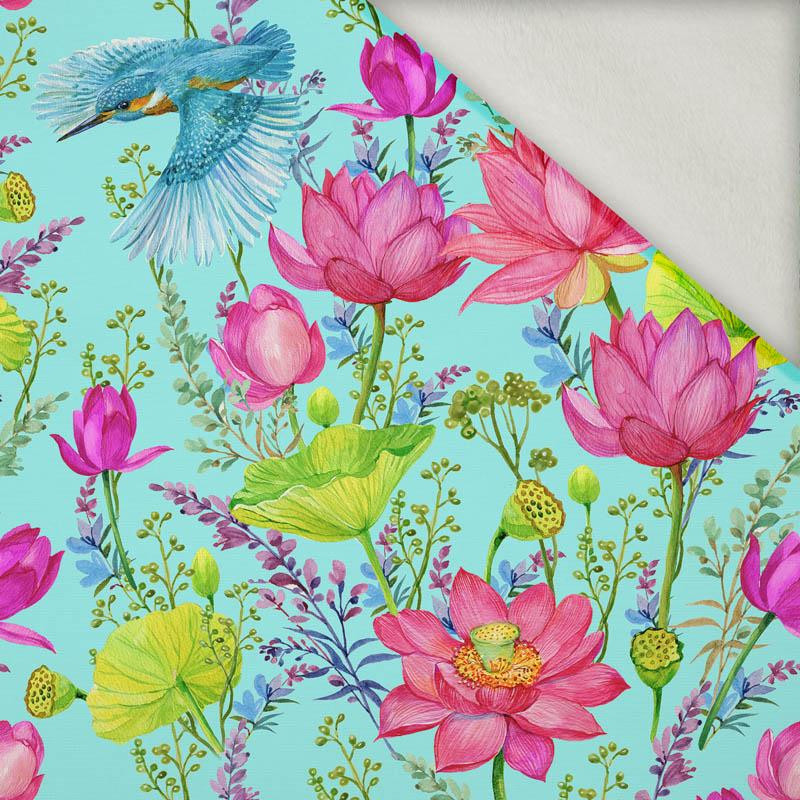 KINGFISHERS AND POPPIES (KINGFISHERS IN THE MEADOW) / aqua - brushed knit fabric with teddy / alpine fleece