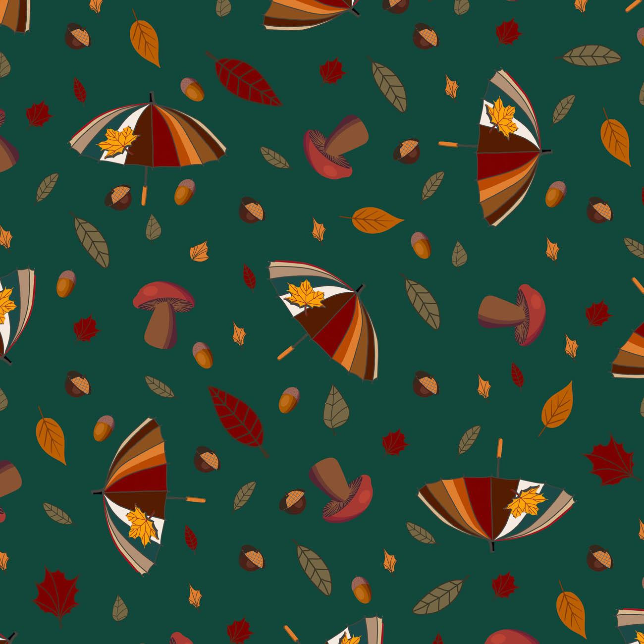 UMBRELLAS AND MUSHROOMS / bottle green (RED PANDA’S AUTUMN) - looped knit fabric with elastane ITY