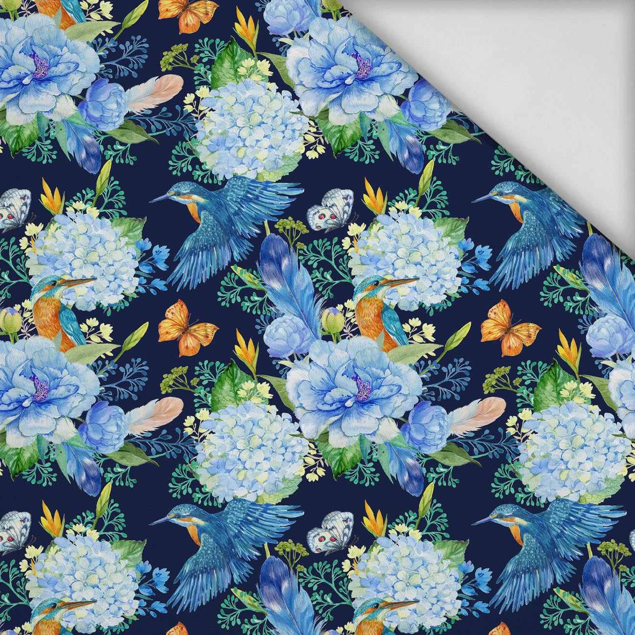 MINI KINGFISHERS AND LILACS (KINGFISHERS IN THE MEADOW) / navy - lycra 300g