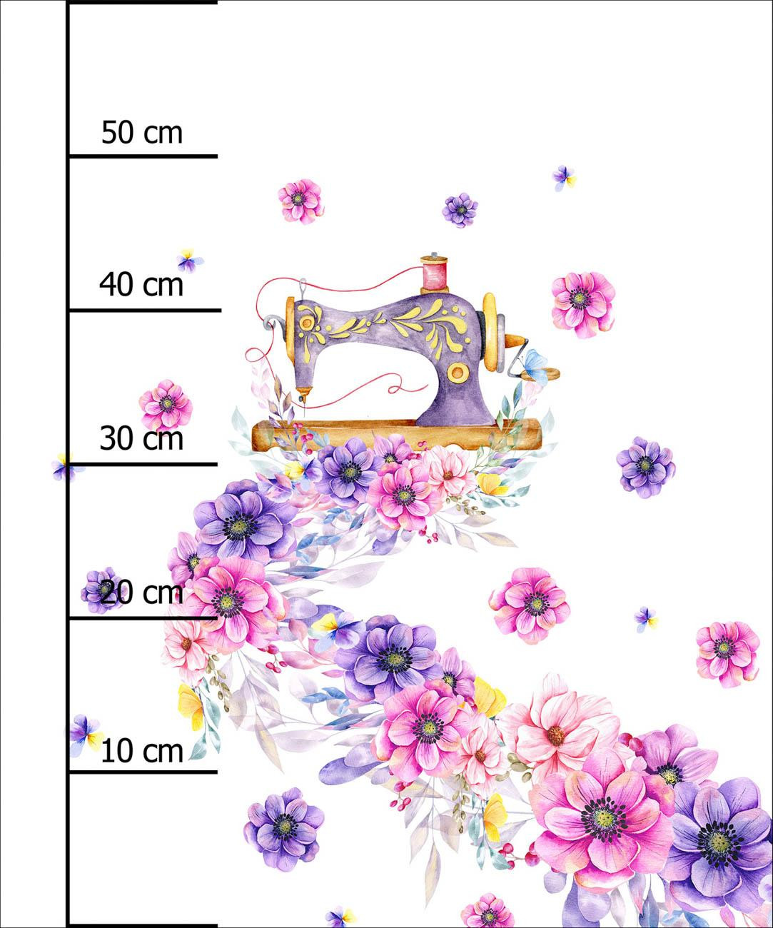 SEWING MACHINE AND FLOWERS - PANEL (60cm x 50cm) SINGLE JERSEY