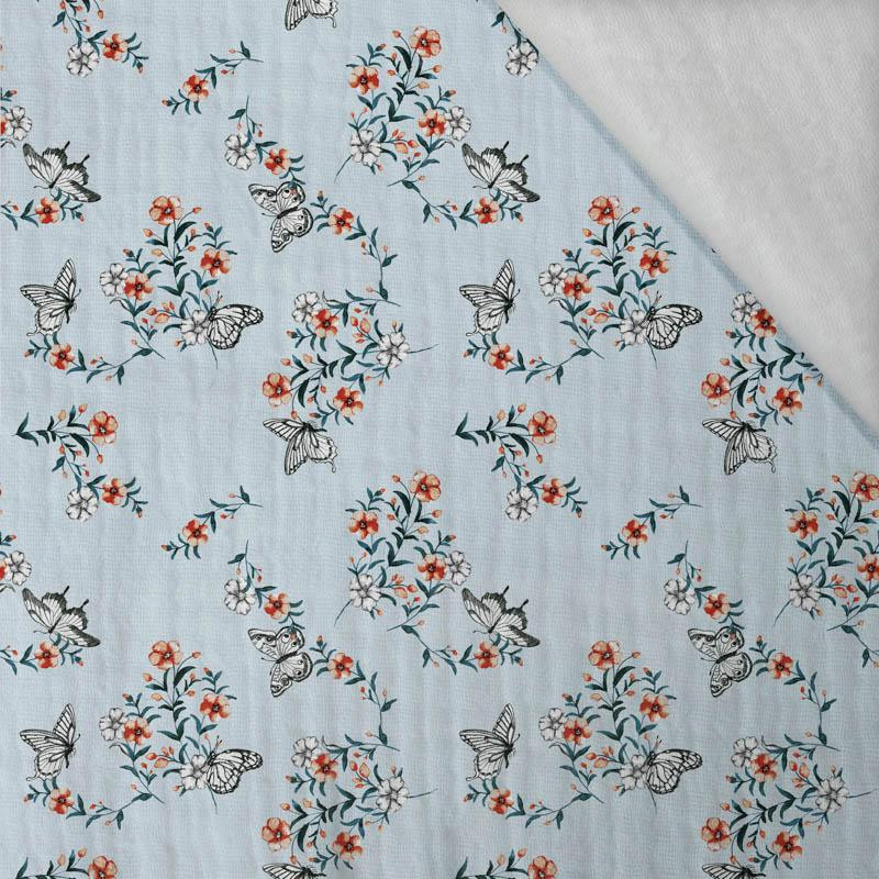 PANSIES AND BUTTERFLIES / light blue - Cotton muslin