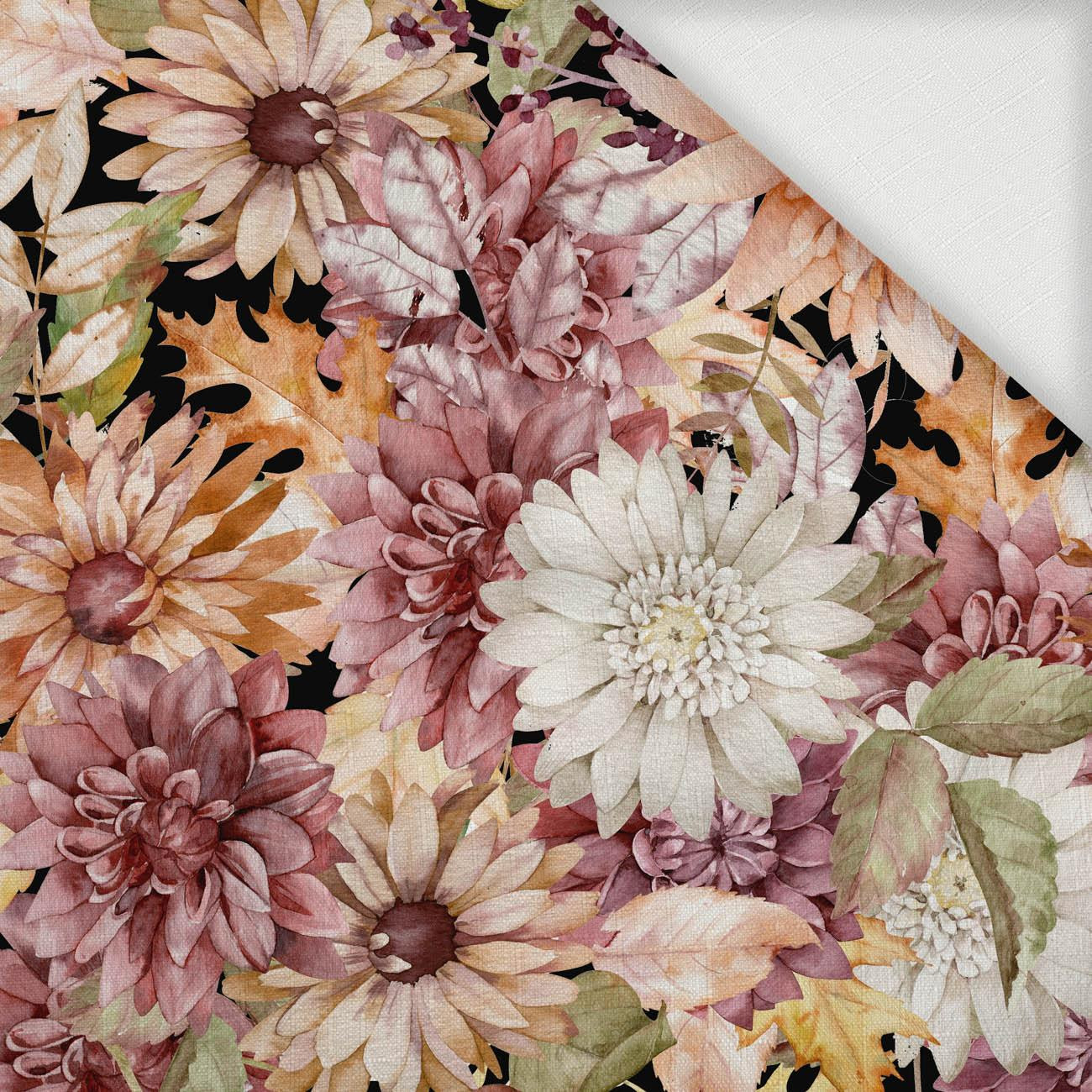 AUTUMN FLOWERS (GOLDEN AUTUMN) / black - Woven Fabric for tablecloths