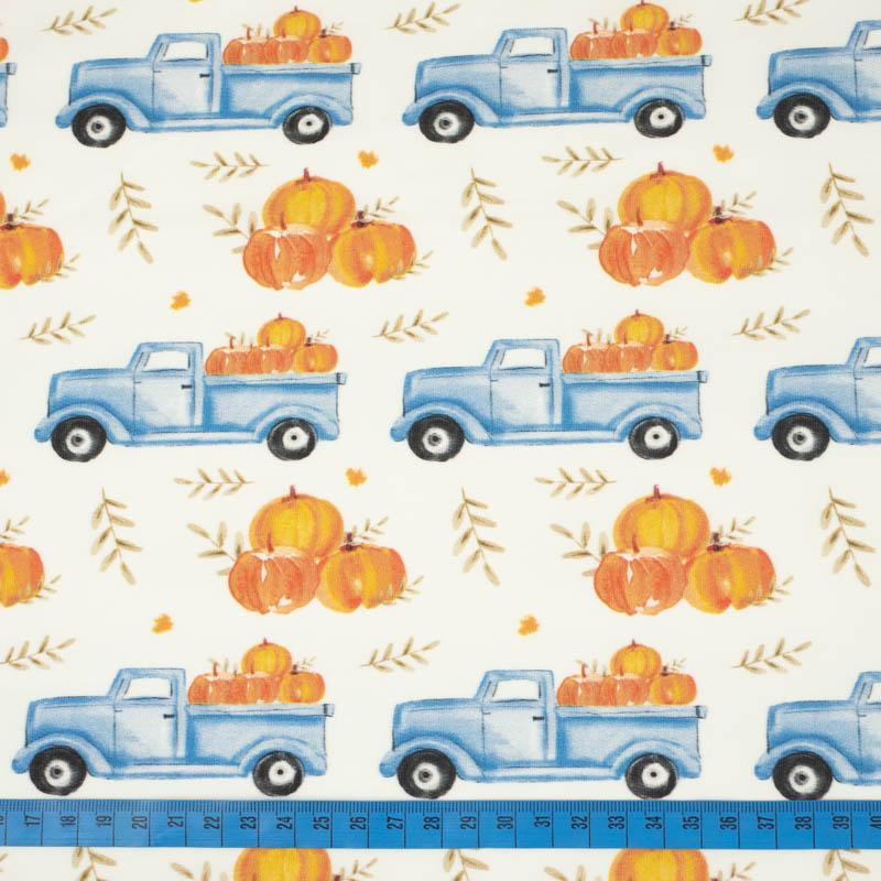 PUMPKINS ON THE PICKUP / LEAVES (PUMPKIN GARDEN) - looped knit fabric