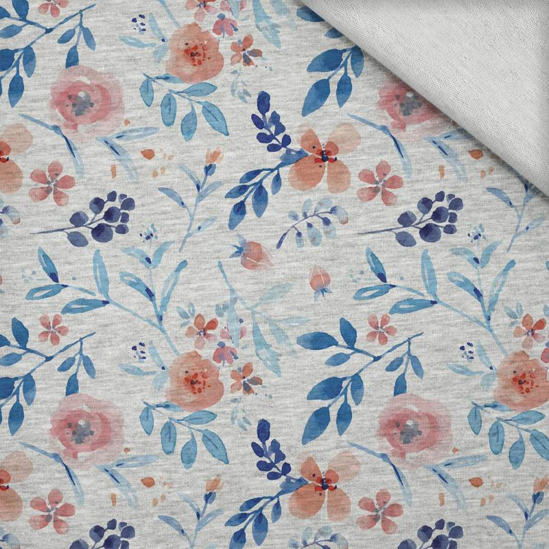 PAINTED PEONIES / white / melange light grey - looped knit fabric