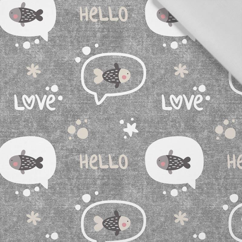 FISH / love (CATS WORLD ) / ACID WASH GREY  - Cotton woven fabric