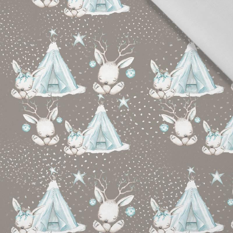 ANIMALS IN TIPI / dark beige (MAGICAL CHRISTMAS FOREST) - Cotton woven fabric
