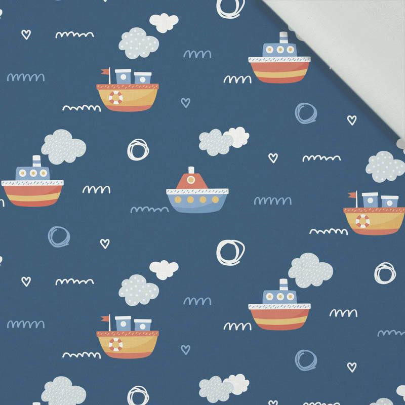 SHIPS pat. 3 / dark blue (ADVENTURE BEGINS) - Cotton woven fabric