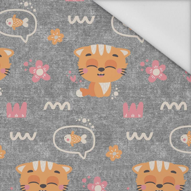 CATS AND FISH / flowers (CATS WORLD ) / ACID WASH GREY  - Waterproof woven fabric