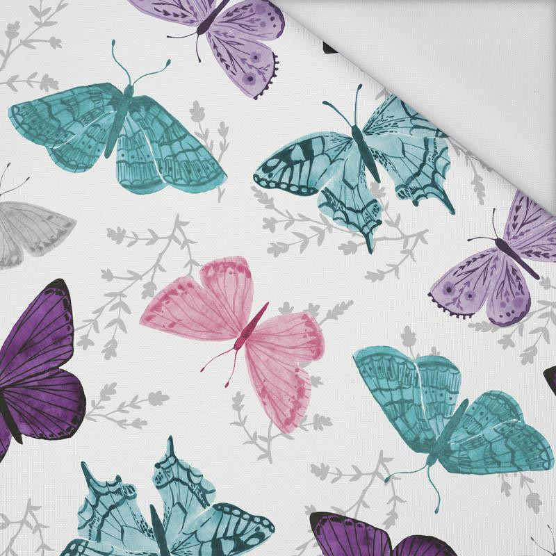 BUTTERFLIES PAT. 5 / white  (PURPLE BUTTERFLIES) - Waterproof woven fabric