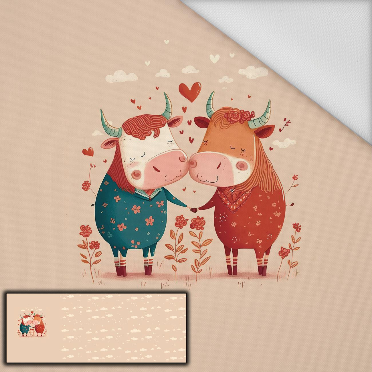 COWS IN LOVE - panoramic panel waterproof woven fabric (60cm x 155cm)