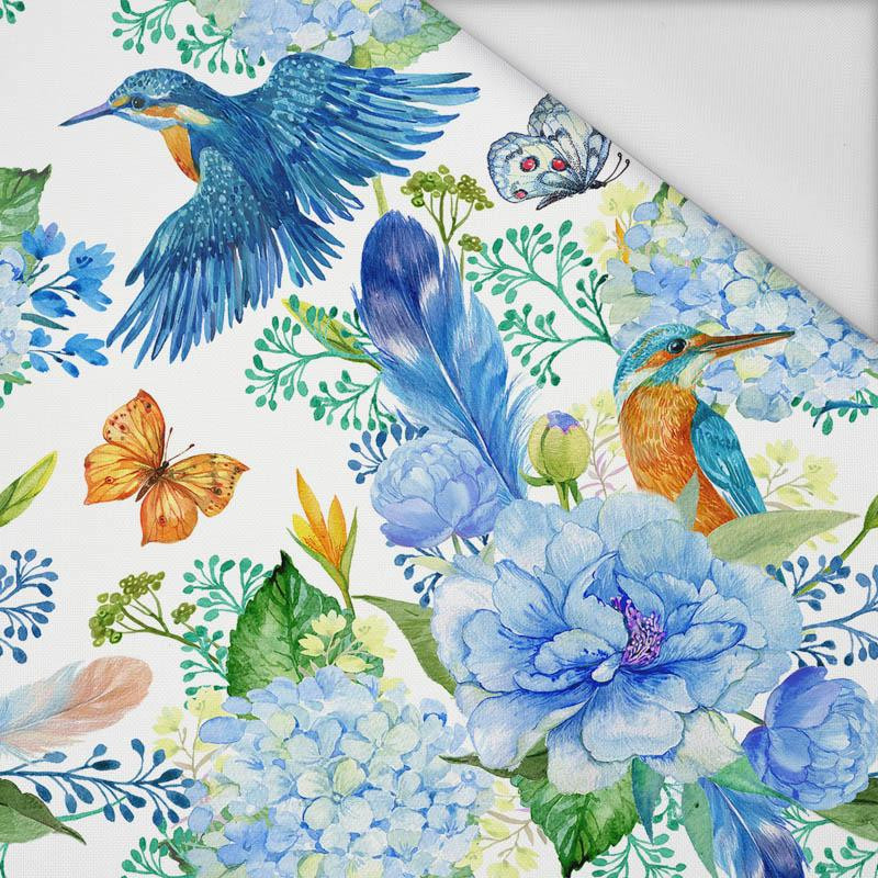 KINGFISHERS AND LILACS (KINGFISHERS IN THE MEADOW) / white - Waterproof woven fabric