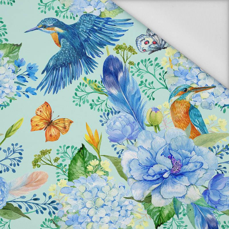 KINGFISHERS AND LILACS (KINGFISHERS IN THE MEADOW) / light blue - Waterproof woven fabric