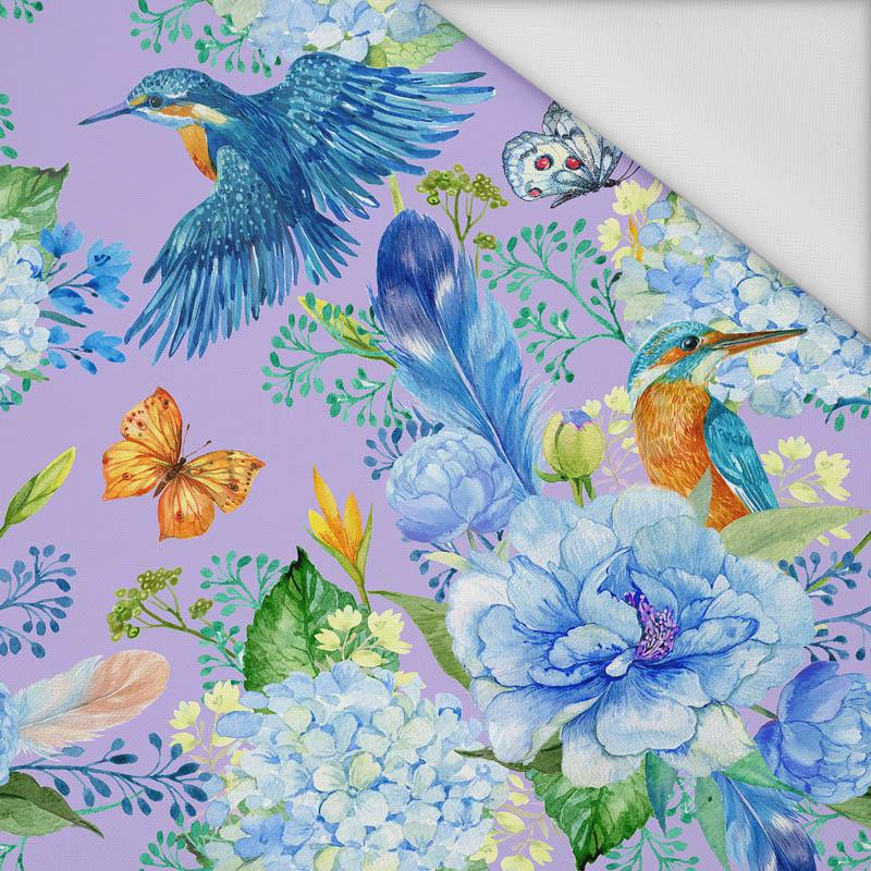 KINGFISHERS AND LILACS (KINGFISHERS IN THE MEADOW) / lilac - Waterproof woven fabric